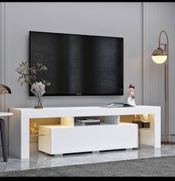 Modern White TV Stand, 20 Colors LED TV Stand w/Remote Control Lights