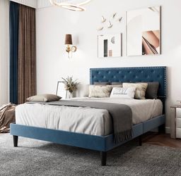 Blue velvet queen bed frame