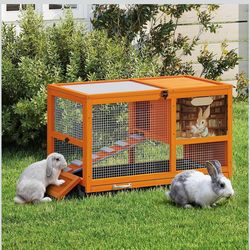 Bunny hutch COZIWOW 36.5-Inch Double-Decker Wooden Rabbit Hutch with Wheels, Featuring A Cleaning Tray and Ladder—Stylish and Easy to Assemble（Orange 
