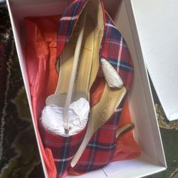 ShoeDazzle Josie plaid red/blue multi-color fabric pumps