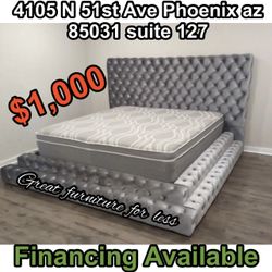 Queen Size Bed Frame Grey Velvet With Pillow Top Mattress Brand New