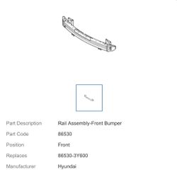 Genuine OEM 86530-3X600 Rail Assembly-Front Bumper 2014-2015 Hyundai Elantra