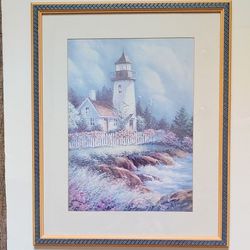 Wood Framed Cobblestone And Lighthouse On Hill Side Wall Decor For Home Office Or Camper. 