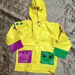 Rare Vintage Toddler size 4T Barney baby bop yellow Rain Coat Jacket button up h