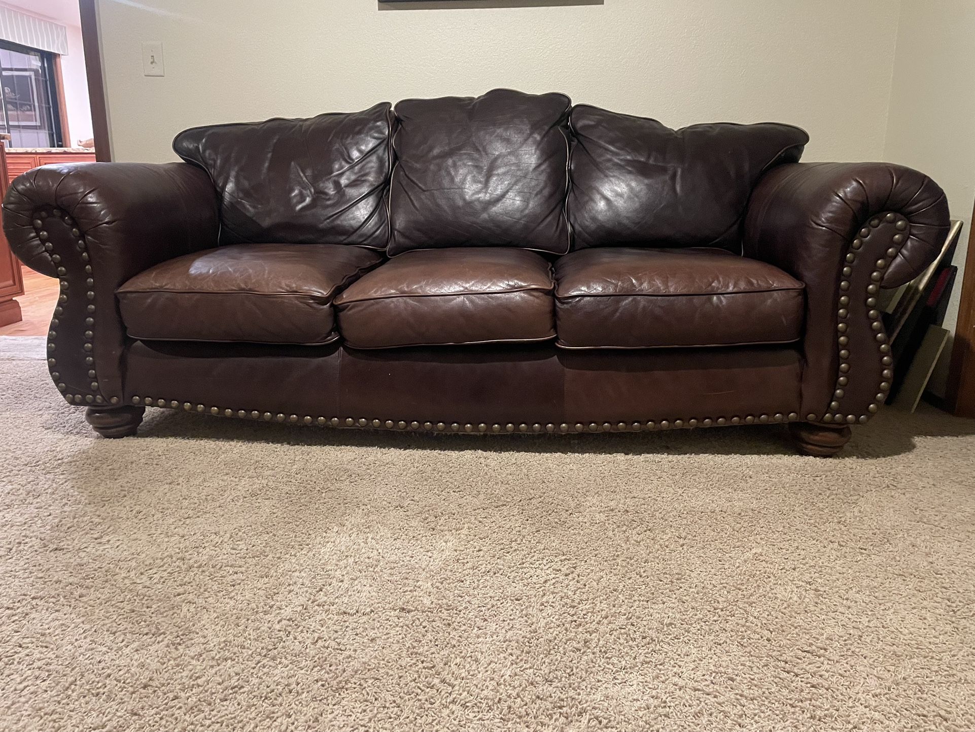 Brown Leather Camelback Sofa