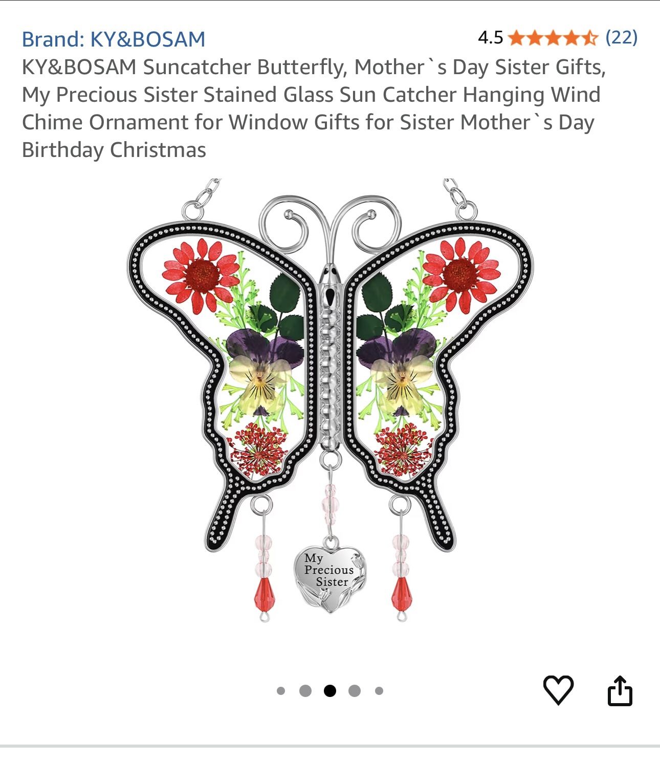 $10- Suncatcher Butterfly, Mother's Day Sister Gifts, My Precious Sister Stained Glass Sun Catcher Hanging Wind Chime Ornament for Window Gifts for Si