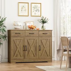 Modern Farmhouse Buffet Sideboard Cabinet, Barn Doors Storage Cabinet with Drawers and Shelves, Wood Coffee Bar Station for Dining Room, Ki