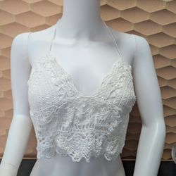 Handmade White Crochet Halter Summer Top Womens Size M