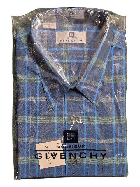 NEW NWT Monsieur Givenchy Men’s XL (17 – 34/35) Short‐Sleeve Blue & Green Plaid Shirt – 55% Cotton / 45% Polyester, Factory-Sealed
