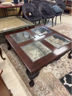 mahogany glass-top coffee table features four inset glass panels - 42” x 42”