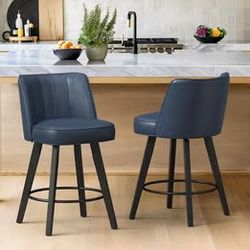 Lue Bona 26 in. Blue Modern Faux Leather 360° Swivel High Back Barstools