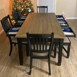 Dining Room Furniture Set 💛 Brown Wooden Dining Table With 6 Drawers And 4 Chairs And Storage Bench Set 