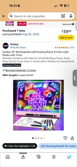 New pink Geokay 16“ Rechargeable LED Drawing Board, 9-Color Light Modes with Timer