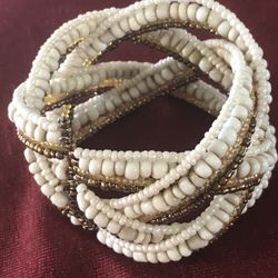 Gold Tone Faux Pearl Cuff Twisted Bracelet Beautiful 