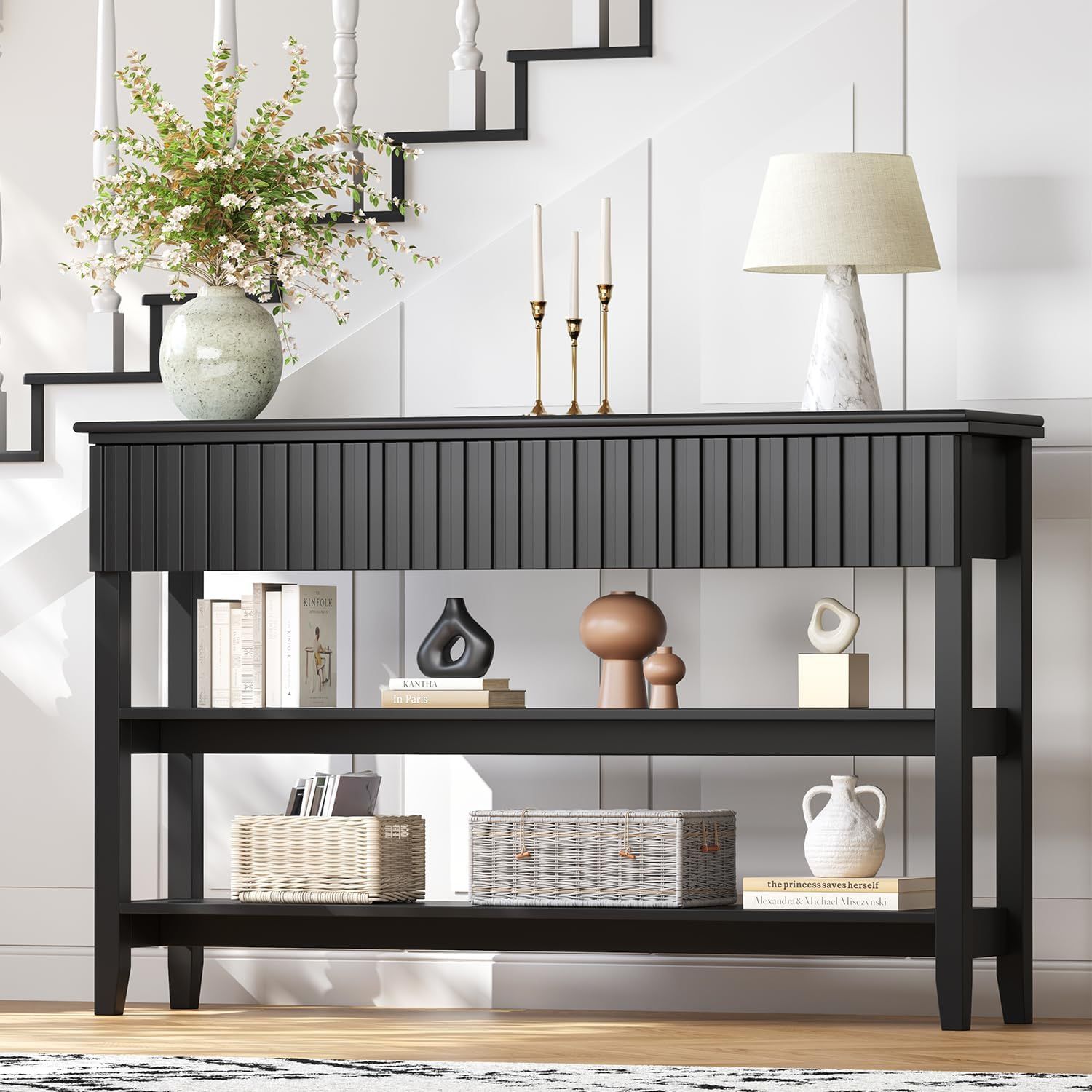 Fluted Console Table with 3 Drawers, 51.2" Console Tables for Entryway, Long Entryway Table with Storage for Hallway, Living Room, Entrance, Black