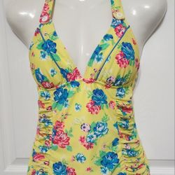 Arizona Women's One Piece Swimsuit Yellow With Flowers Sz M.