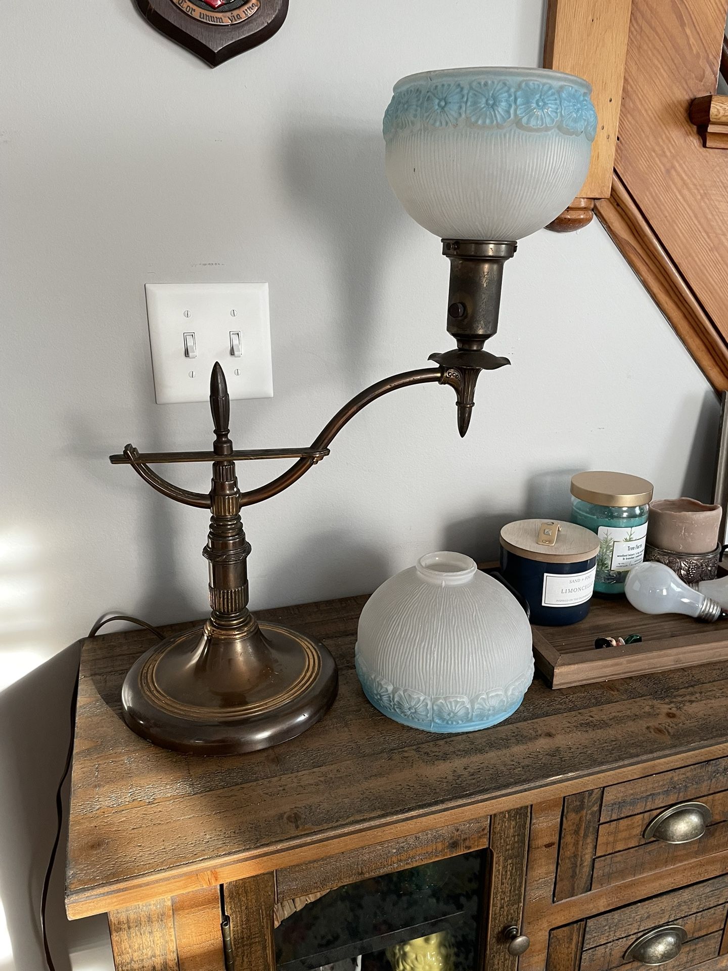 Antique Swing Arm Desk Lamp And 2 Painted Ribbed Glass Shades