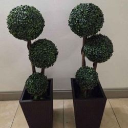 *** NEW LOW PRICE *** PAIR of 3ft Faux Boxwood Topiaries in 16in Brown Textured (Rattan) Planters @ Lasting Creations