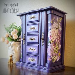 Large Floral Purple Refinished Jewelry Armoire Box