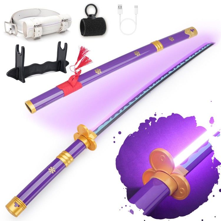 RENGENG Light Up Sword, 40 Inches Rechargeable Pre-Assembled Plastic Replica ZORO from One Piece Anime Sword with Belt & Stand & Spinner, Emma Purple