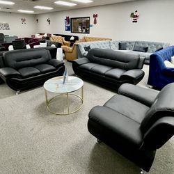 Black Leather Living Room Sofa Set 3pc - Delivery And Financing Available 