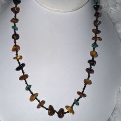 Vintage Baltic Amber Necklace with Turquoise Stones 16" 