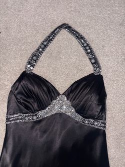 Black Satin Halter Gown with Rhinestone Detail