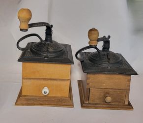Vintage Manual Coffee Mill Grinder Wood Cast Iron TWO