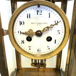 SHREVE CRUMP & LOW FRENCH Bow 4 GLASS  Merc MEDAILLE D'ARGENT MANTEL CLOCK BRASS