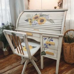 Antique 1940's Children's Sunflower Roll-Top Desk w/ Chair Vintage Shabby Chic Cottage Core Home Décor