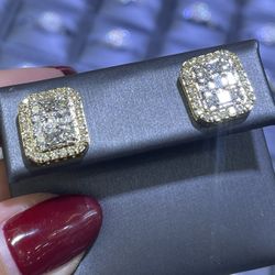 Two Tone Diamond Baguette Yellow Gold Earrings Screwback 