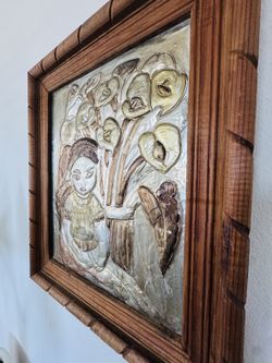 Vintage Mexican Repujado Embossed Metal Folk Art – Framed Woman with Calla Lilies