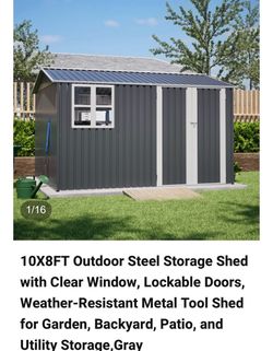 10X8FT Outdoor Steel Storage Shed with Clear Window, Lockable Doors, Weather-Resistant Metal Tool Shed for Garden, Backyard, Patio, and Utility Storag