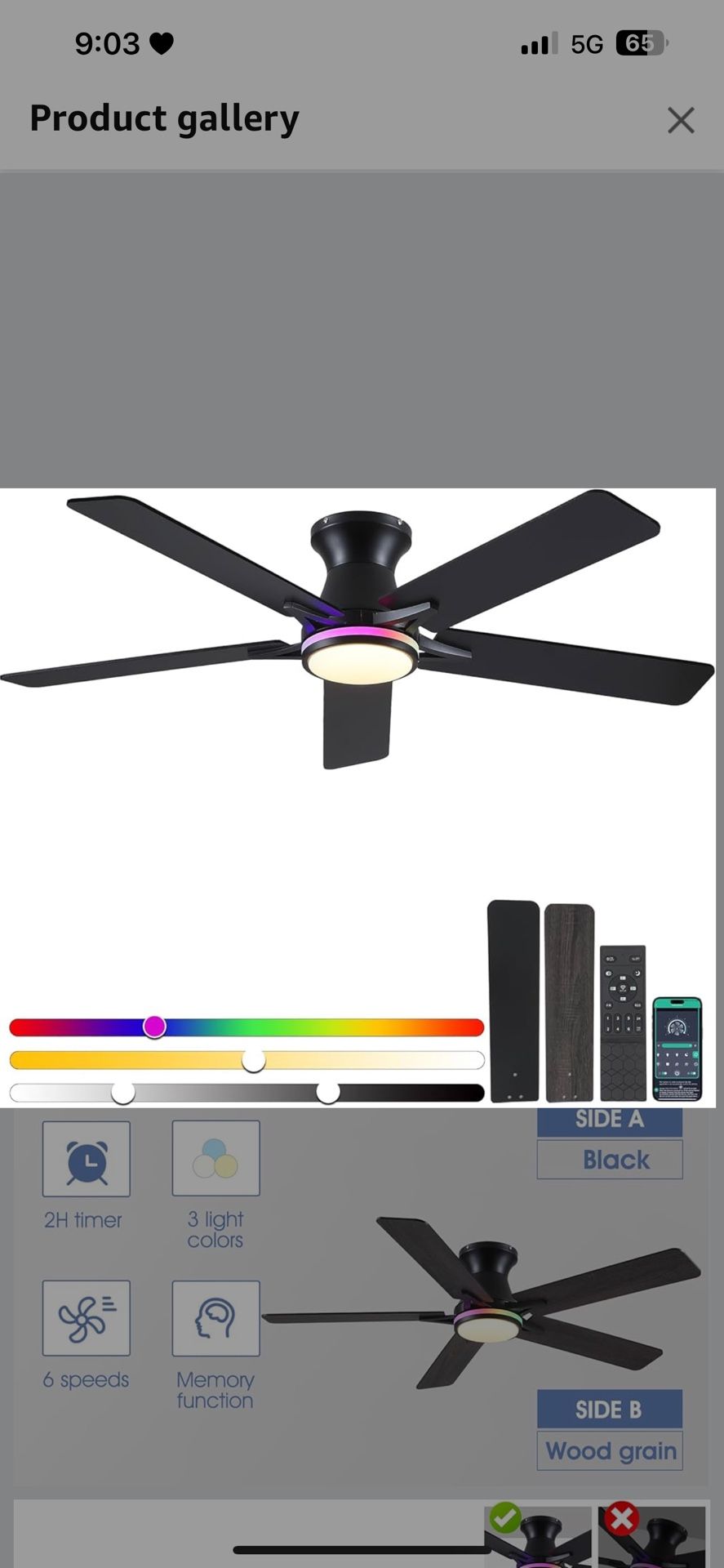 52" RGB Ceiling Fans with Lights and Remote/APP,Black Low Profile Ceiling Fans with Quiet Reversible DC Motor,Modern Flush Mount Ceiling Fan Light for