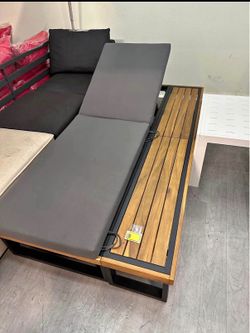 New Outdoor Patio Chaise Lounge Metal Frame Acacia Wood Adjustable 3-Fold Cushions Pool Side Recline