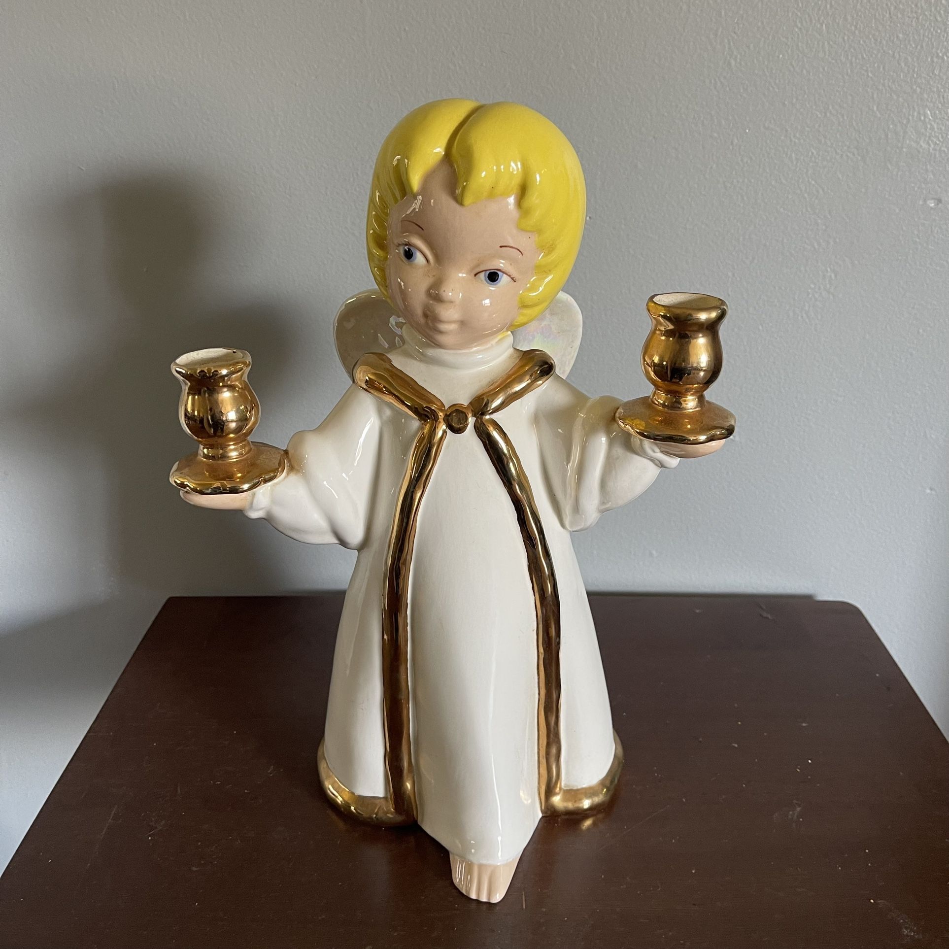 Vintage Ceramic Glazed Christmas Blond Angel Candle Holder 13”