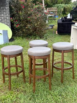 Set of 4 Swivel Bar Stools – Grey Faux Leather with Nailhead Trim