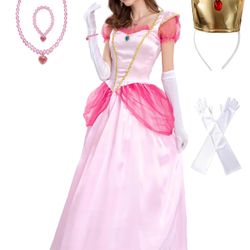 Princess Peach Mario Bros Mario Kart Cosplay Costume Women XL w/ Wig