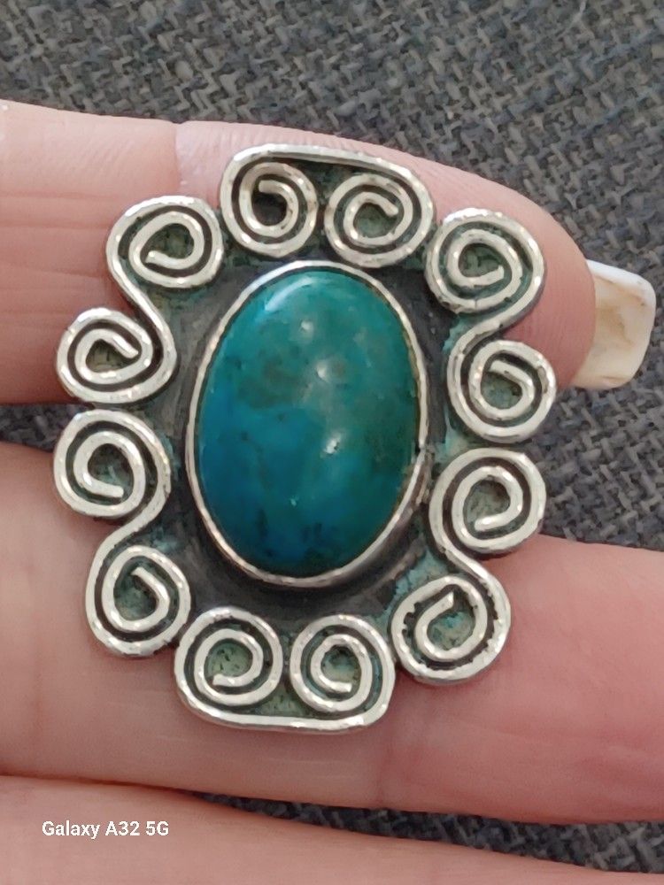 Vtg.Mexico Sterling Silver Turquoise Flower Ring- Sz9