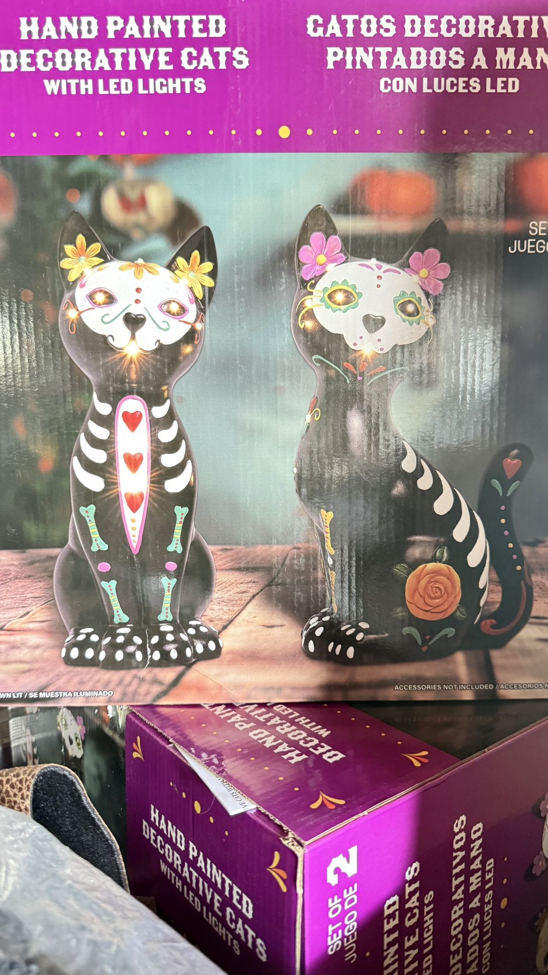 🎨 Hand-Painted Día de los Muertos Cats 🐱💀 (Set of 2, with LED Lights!)