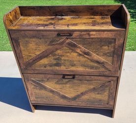 Rustic shoe cabinet with 2 flip down drawers and top shelf