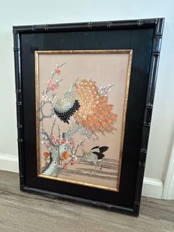 Vintage Japanese Silk Thread Embroidery Peacocks Cherry Blossoms Faux Bamboo Frame