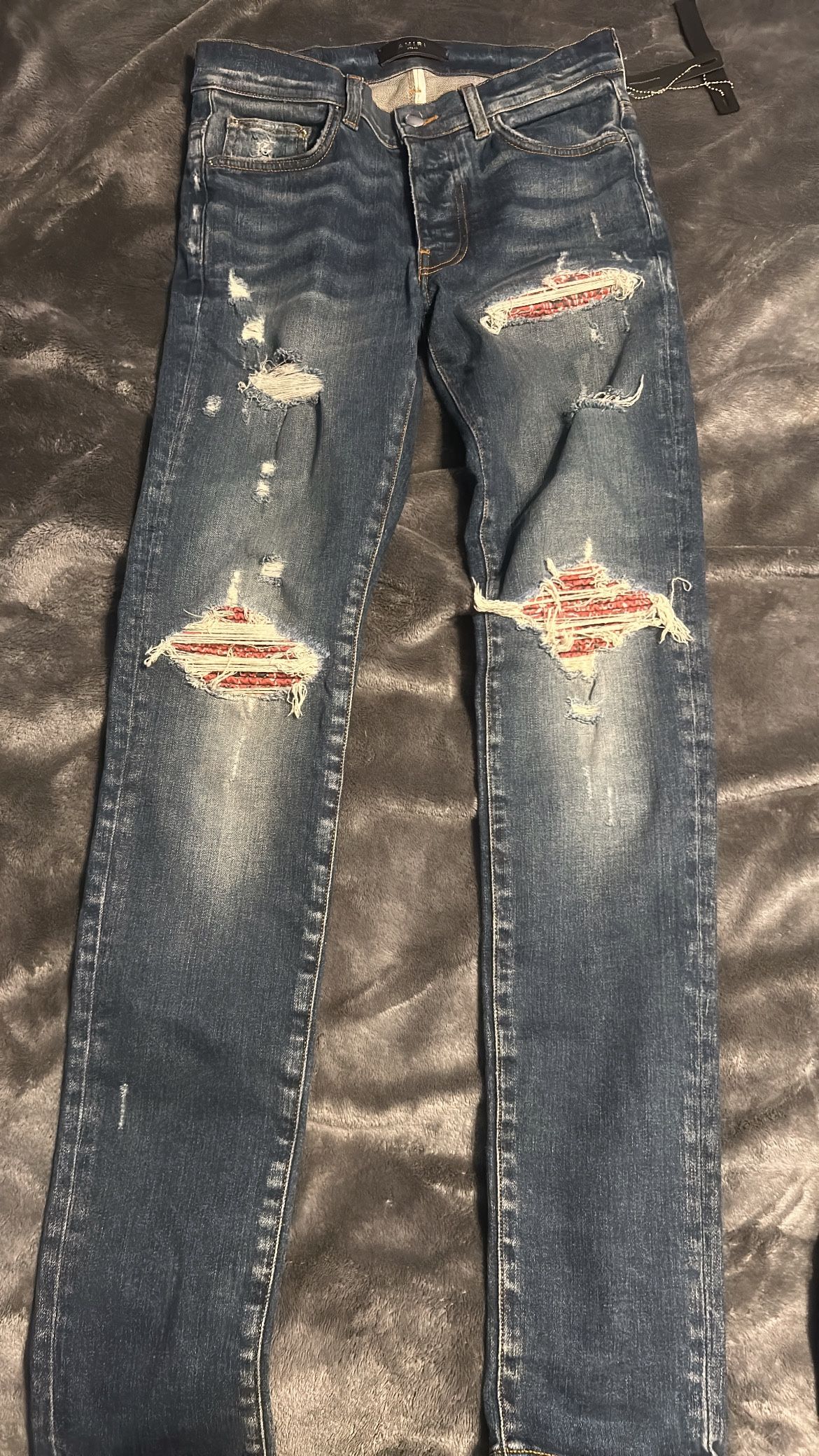 Amiri MX1 Red Bandana Patch Denim Jeans