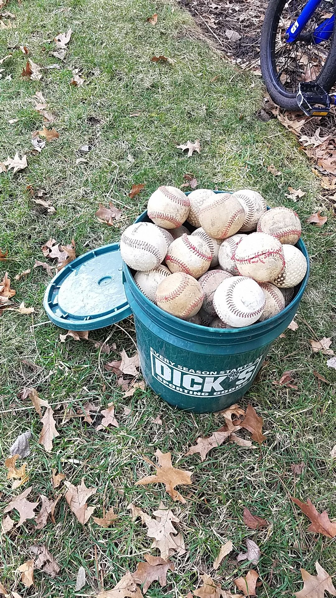 Heaping five gallon bucket of baseballs