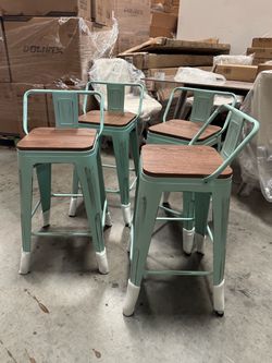 Set of 4 Metal Bar Stools with Wood Seats 24inch
