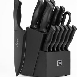 Knife Sets for Kitchen with Block, HUNTER.DUAL 15 Pcs Kitchen Knife Set with Block Self Sharpening, Dishwasher Safe, Anti-slip Handle, Black