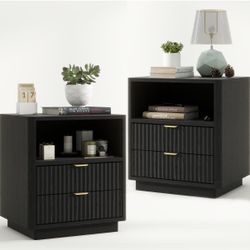 Fluted Nightstands Set of 2, Black Night Stands with 2 Drawers and Open Shelves, Wooden Nightstand Modern Design Night Stand for Bedroom Sofa Office (