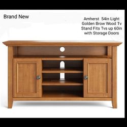 Brand New Amherst  54 In Light Golden Brow Wood Tv Stand Fits Tvs Up Do 70in With Storage Doors