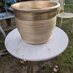 14" Gold Round Metallic Plastic Flower Plant Pot Horizontal Line Design - Features Metallic Horizontal Lines Design, These Plastic Plant Pot Will Serv