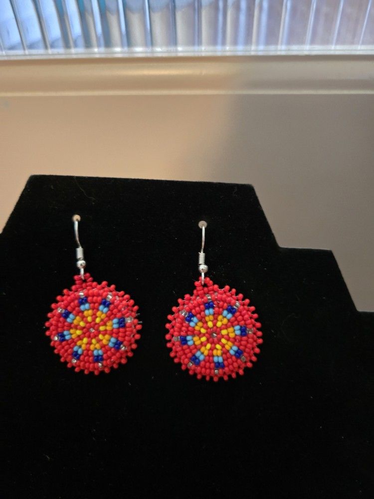 Handmade Beaded Round Red Earrings